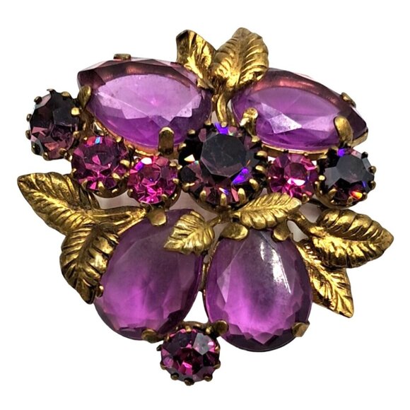 Austria Rhinestone Brooch Pink Purple Gold Tone Leaves Pin Vintage Costume Jewel - Picture 1 of 11